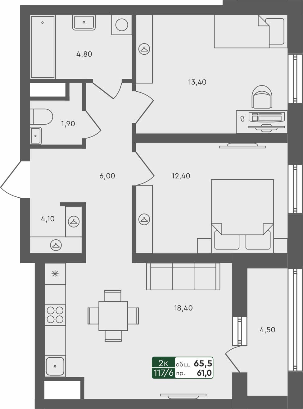 2-комн. квартира, 65.5 м², 7 из 7 этаж квартира