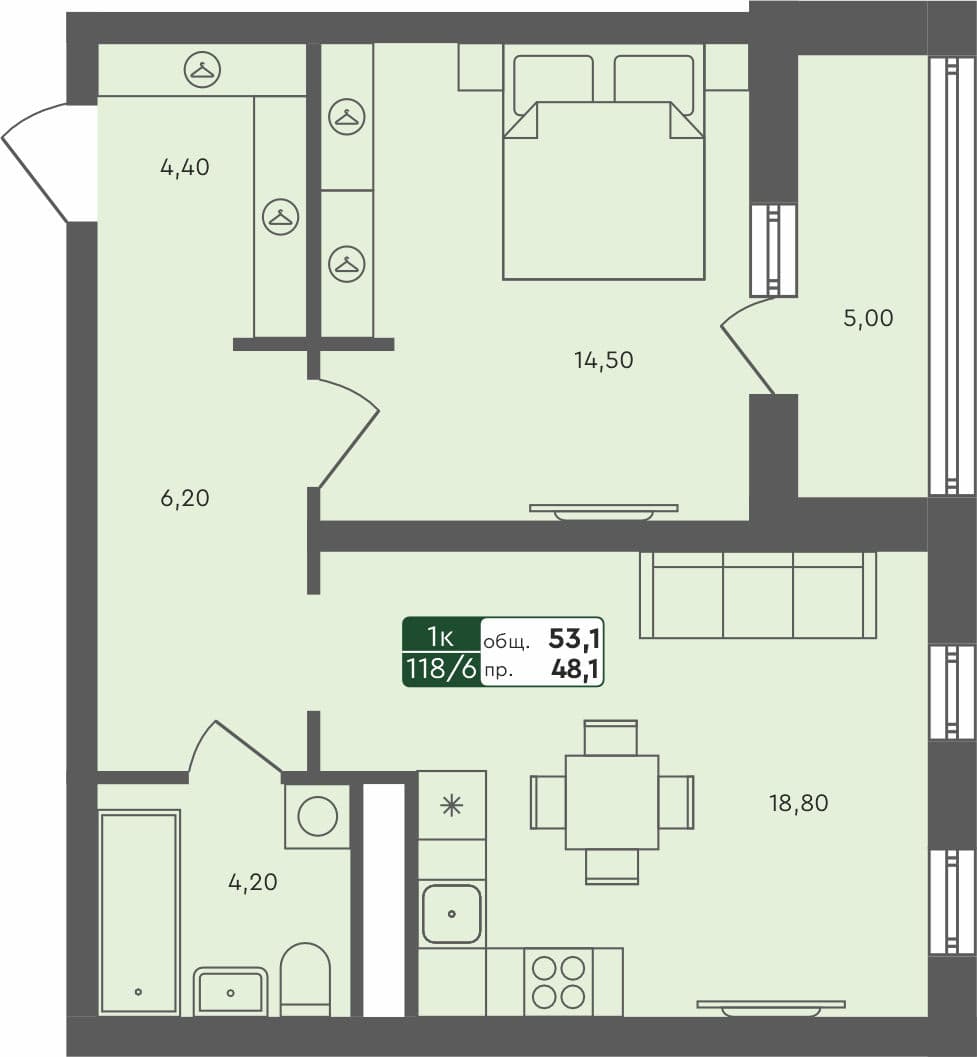 1-комн. квартира, 53.1 м², 7 из 7 этаж квартира