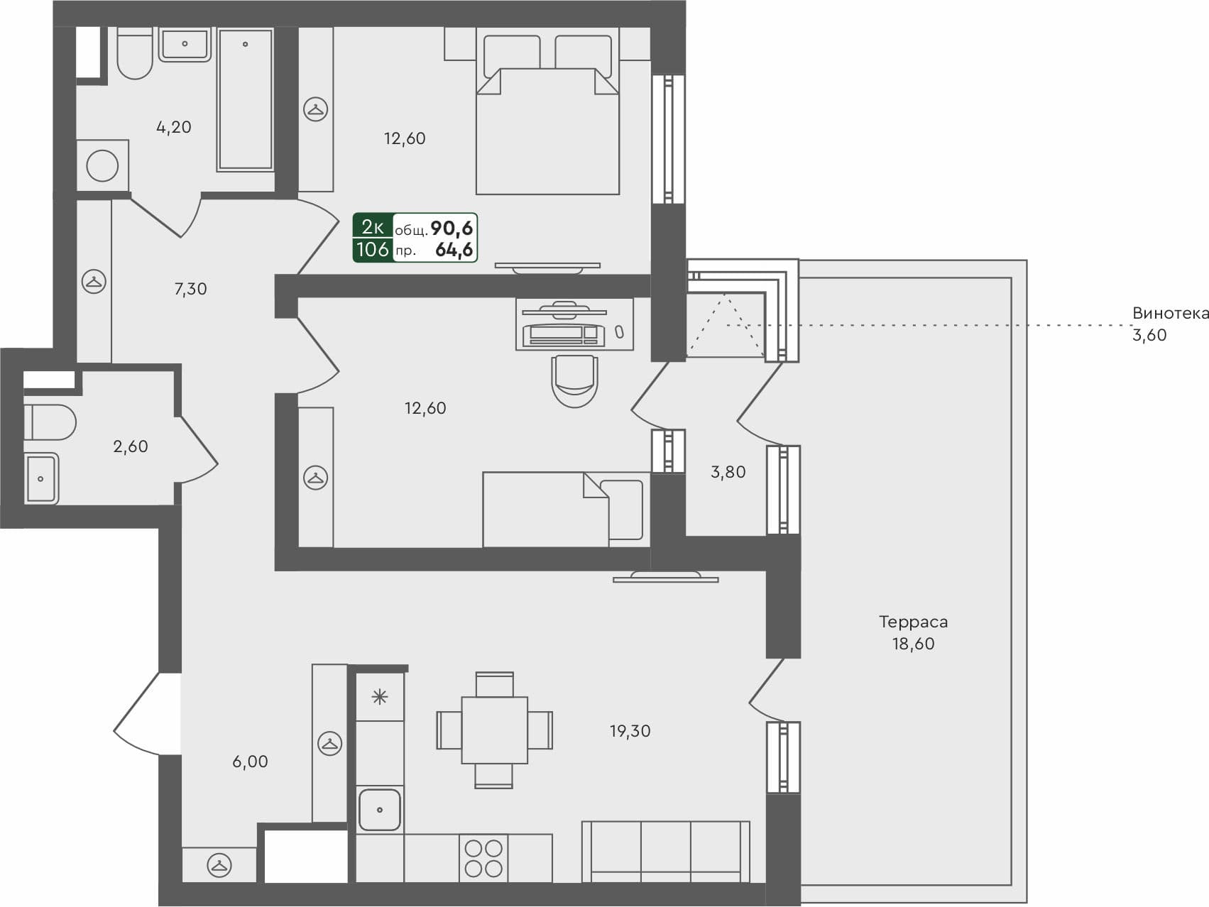 2-комн. квартира, 90.6 м², 1 из 3 этаж Планировка