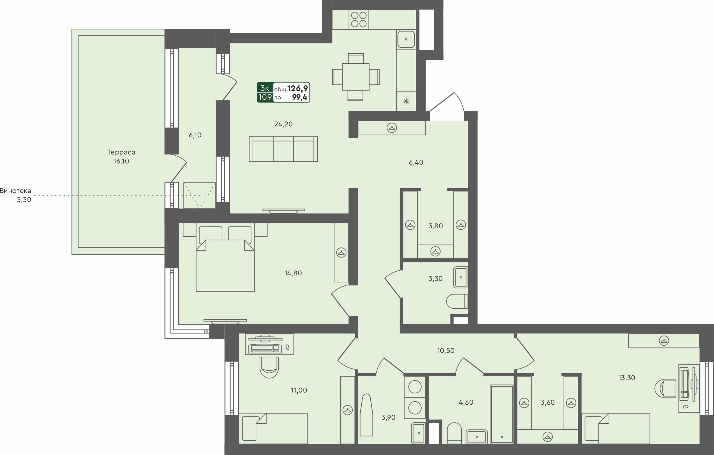 3-комн. квартира, 126.9 м², 1 из 6 этаж квартира