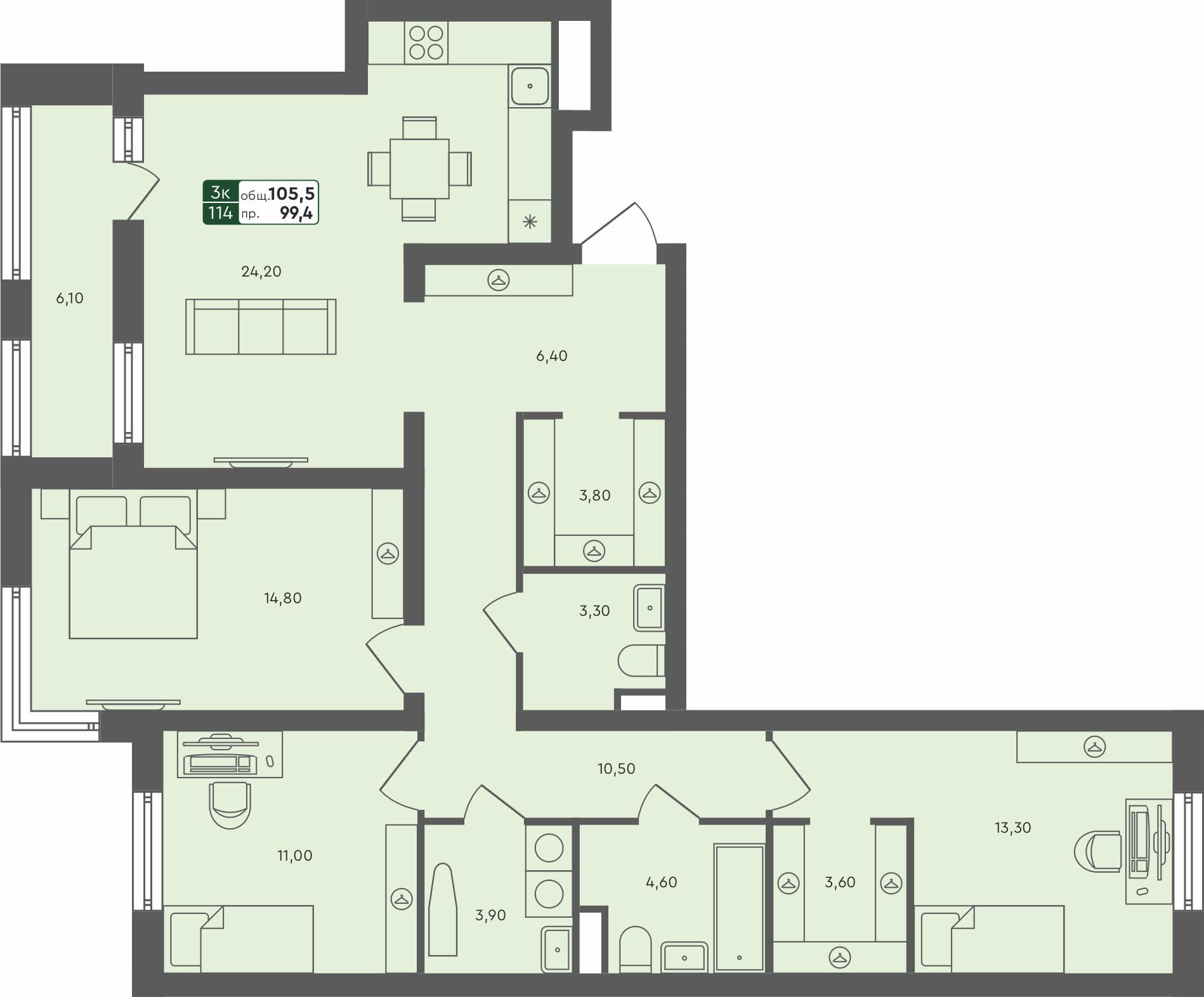 3-комн. квартира, 105.5 м², 2 из 6 этаж квартира