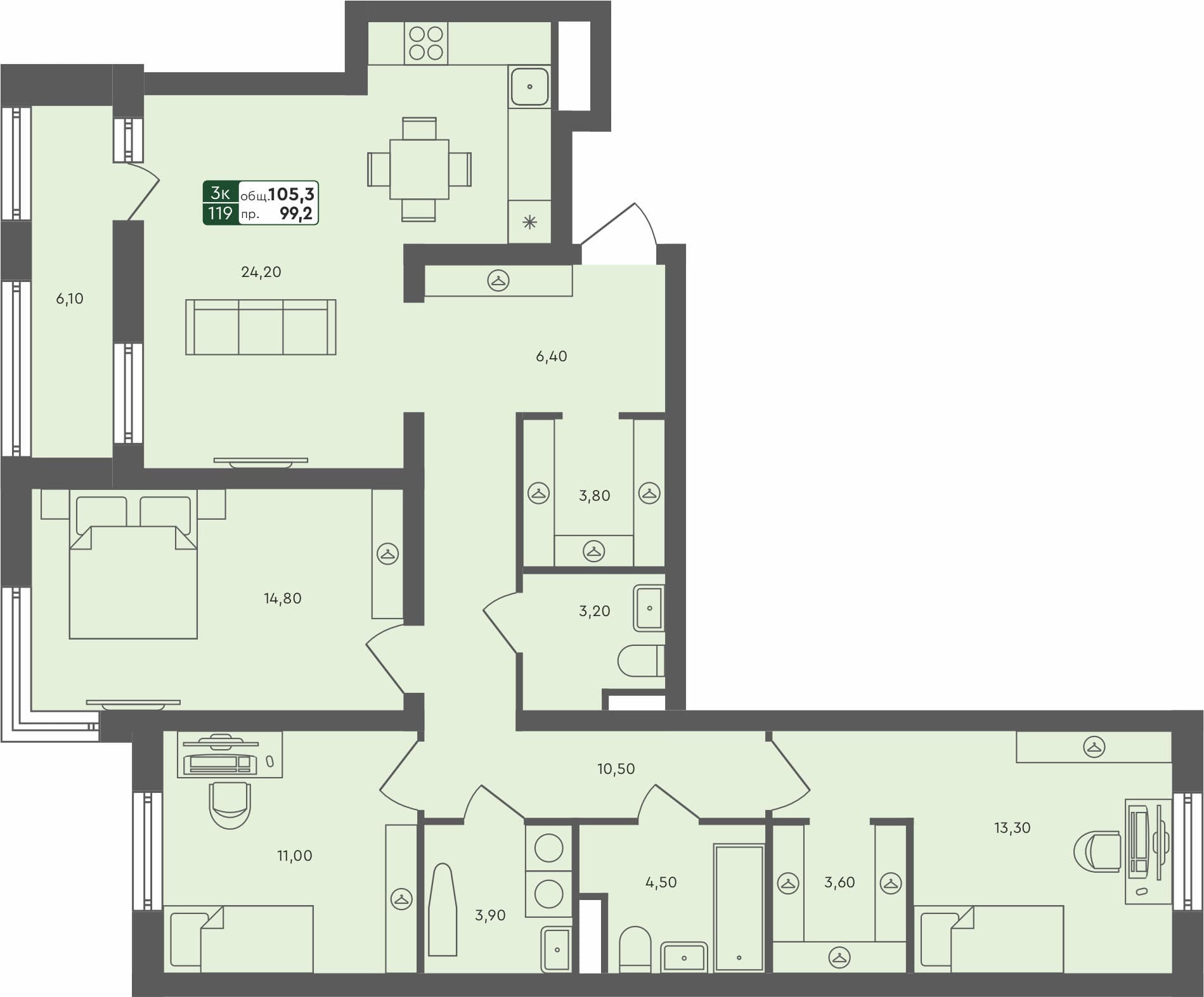 3-комн. квартира, 105.3 м², 3 из 6 этаж квартира