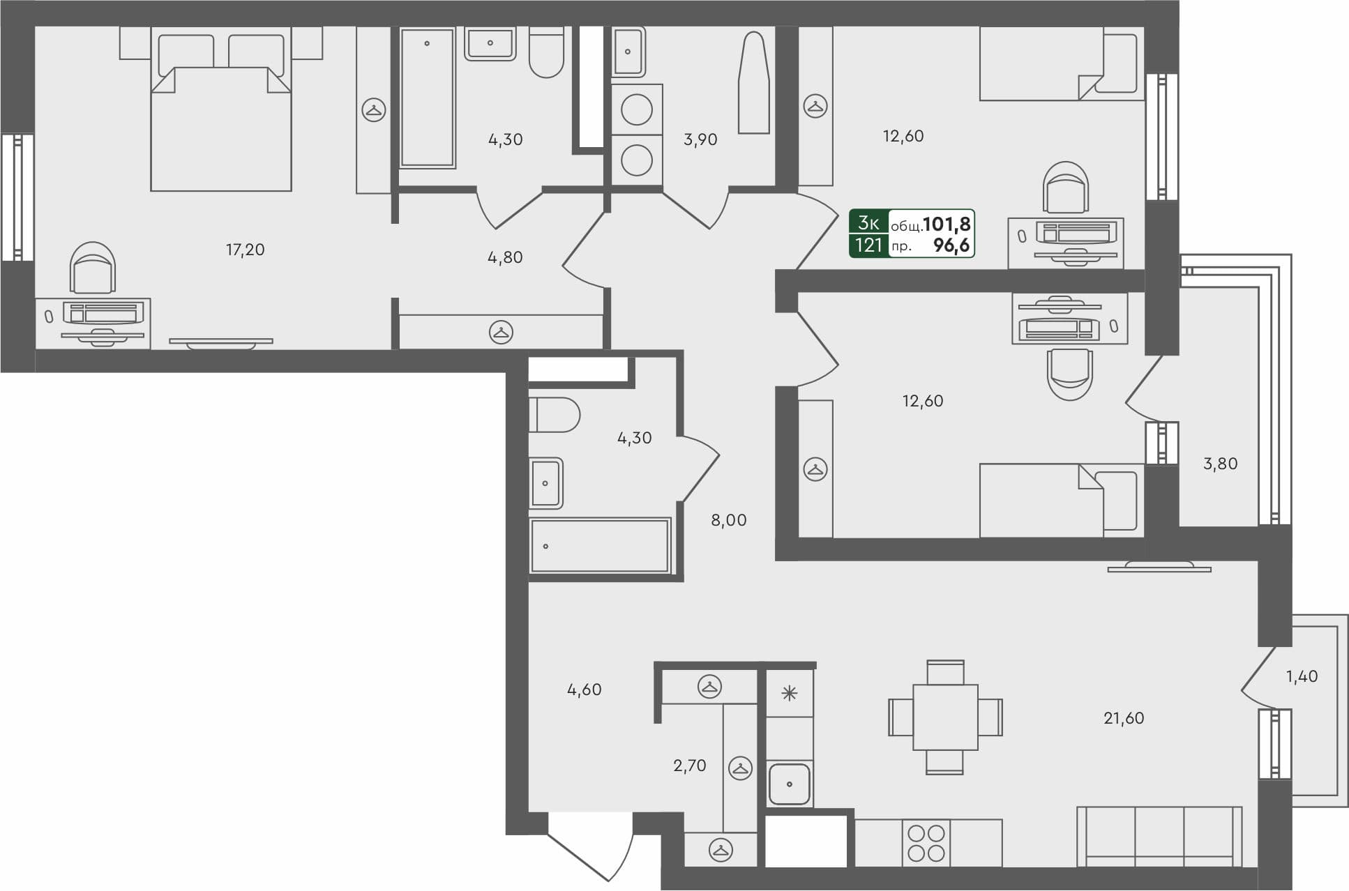 3-комн. квартира, 101.8 м², 4 из 6 этаж квартира