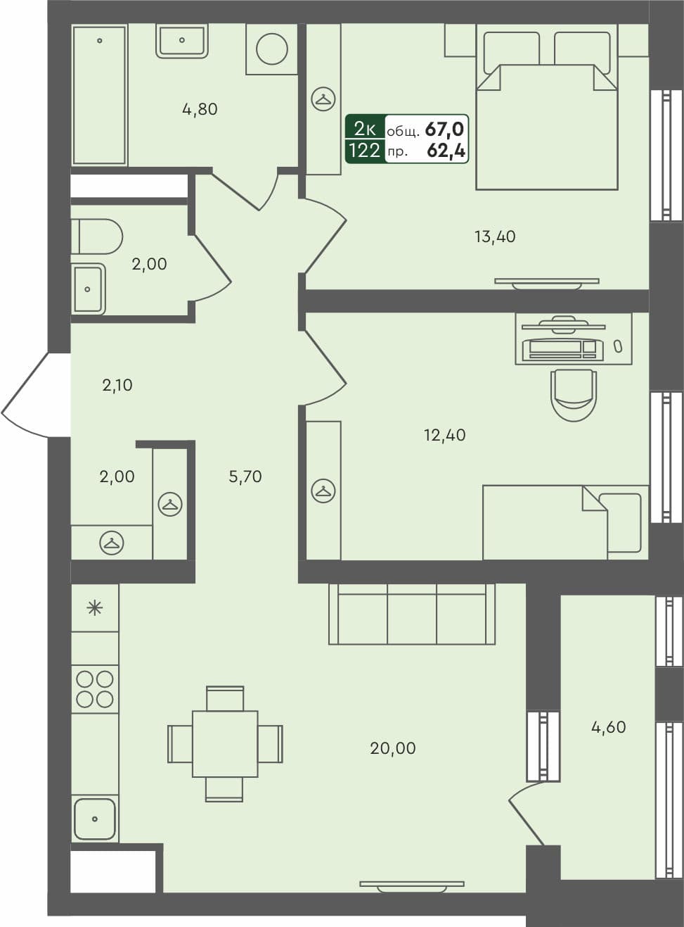 2-комн. квартира, 67 м², 4 из 6 этаж квартира