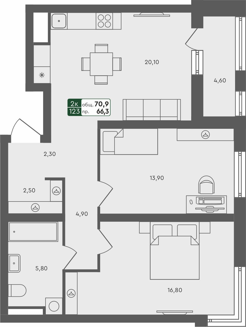 2-комн. квартира, 70.9 м², 4 из 6 этаж квартира