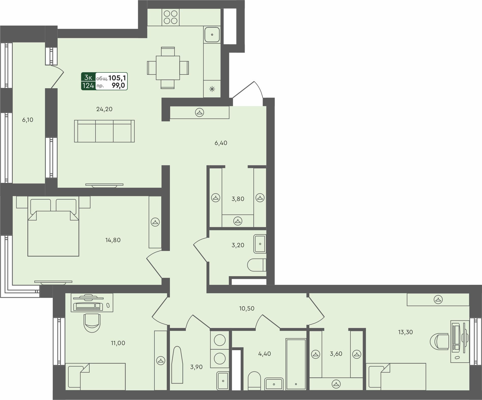 3-комн. квартира, 105.1 м², 4 из 6 этаж квартира