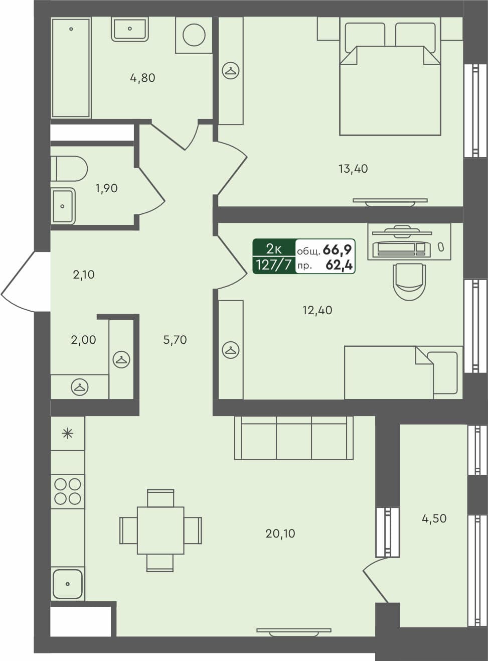 2-комн. квартира, 66.9 м², 5 из 6 этаж квартира