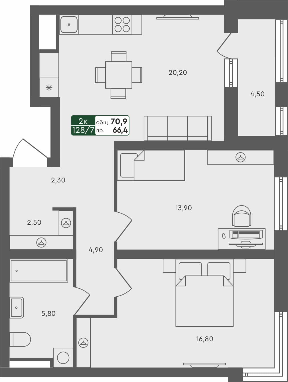 2-комн. квартира, 70.9 м², 5 из 6 этаж квартира