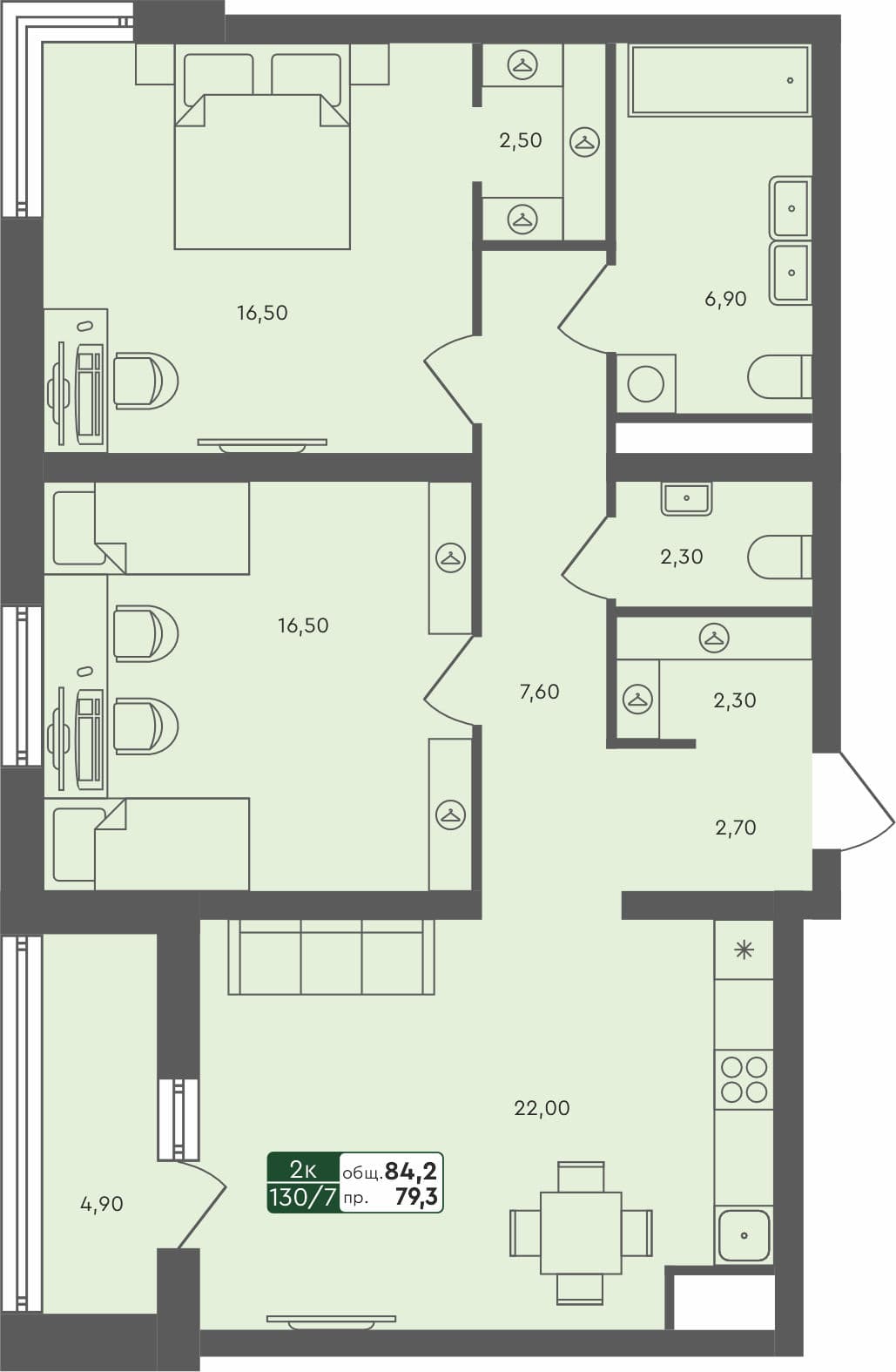 2-комн. квартира, 84.2 м², 6 из 6 этаж квартира