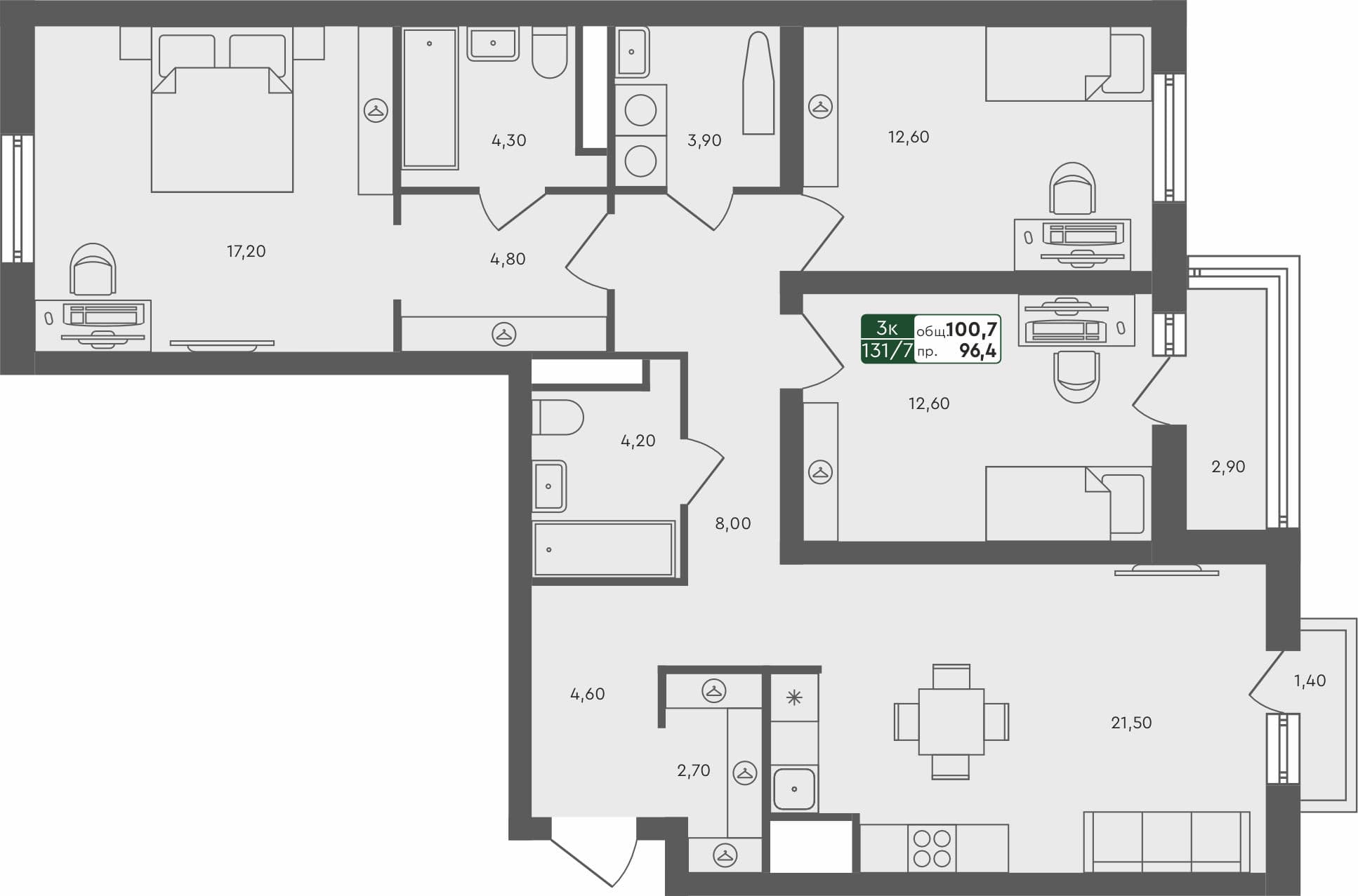 3-комн. квартира, 100.7 м², 6 из 6 этаж квартира