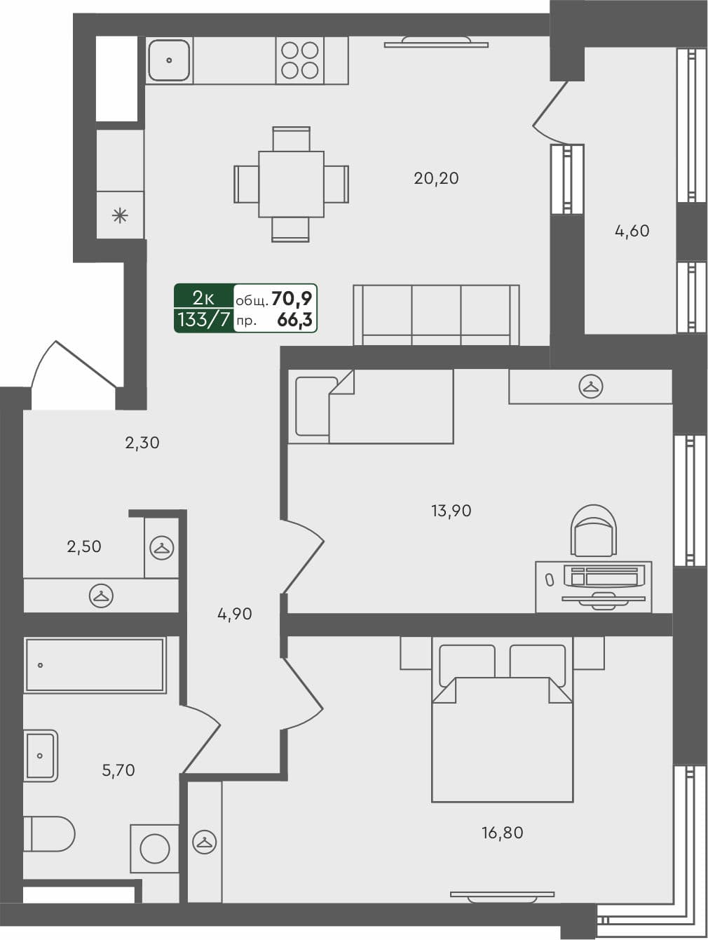 2-комн. квартира, 70.9 м², 6 из 6 этаж квартира