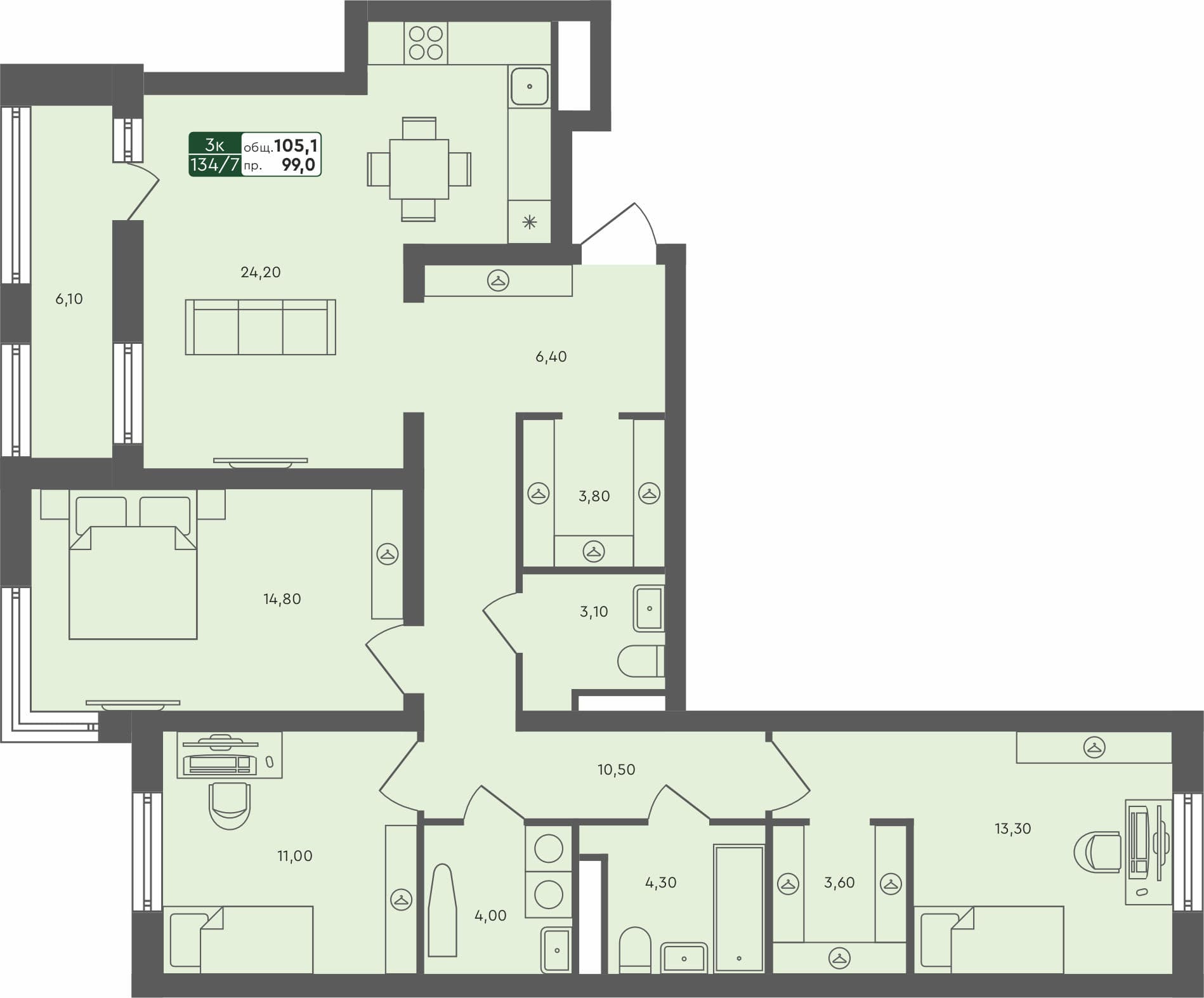 3-комн. квартира, 105.1 м², 6 из 6 этаж квартира