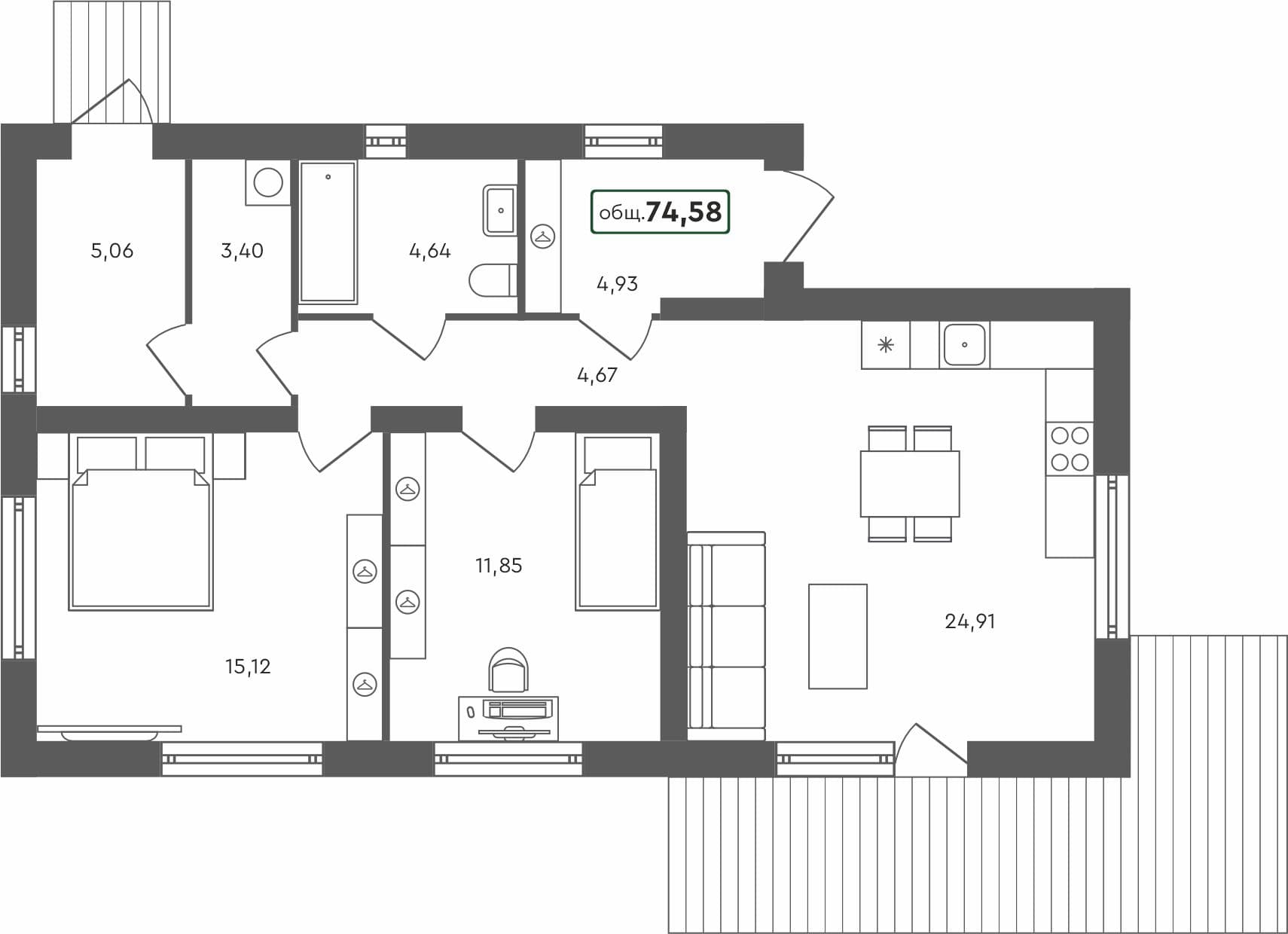 2-комн. дом, 74.58 м², 1 из 1 этаж Планировка
