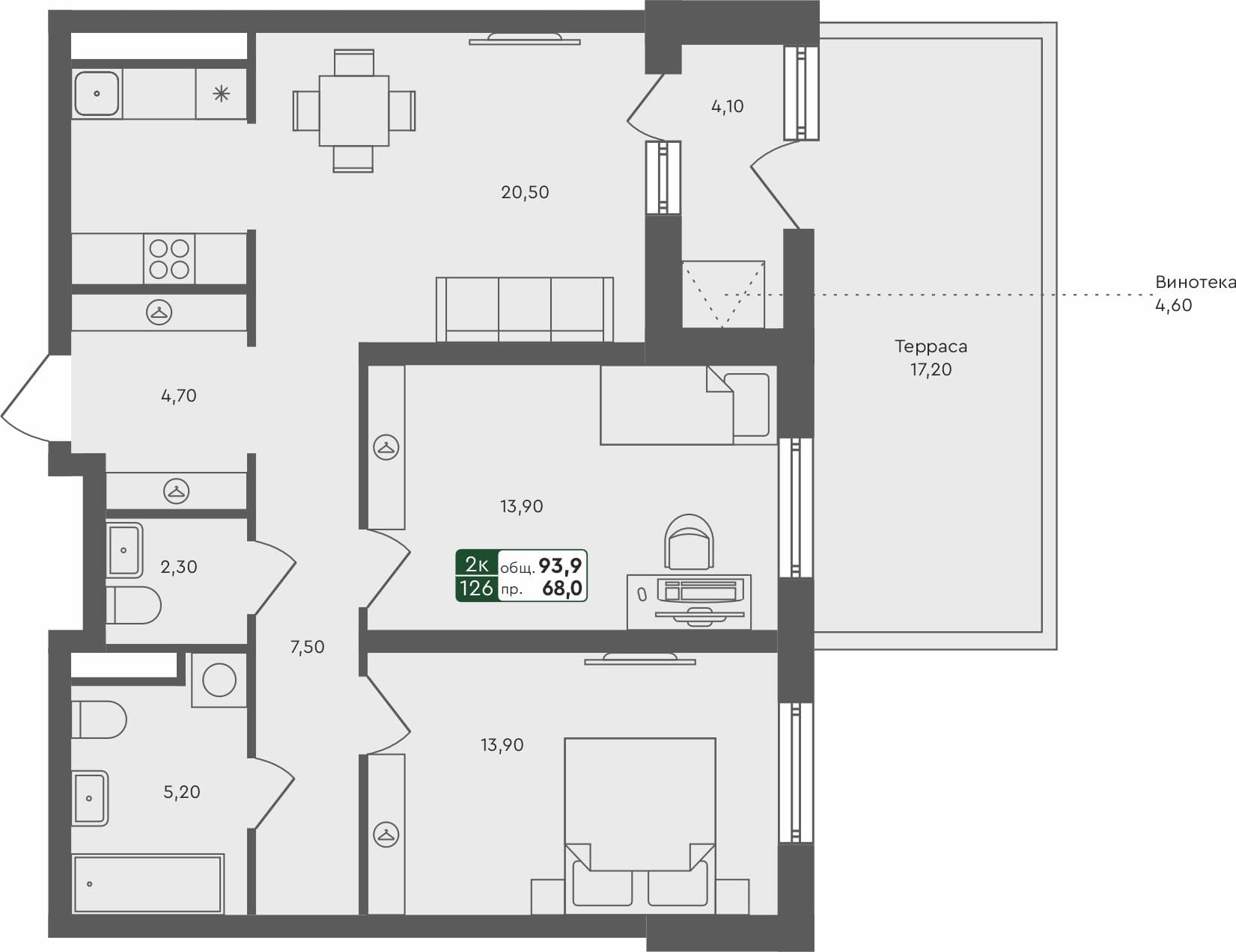 2-комн. квартира, 93.9 м², 1 из 3 этаж квартира