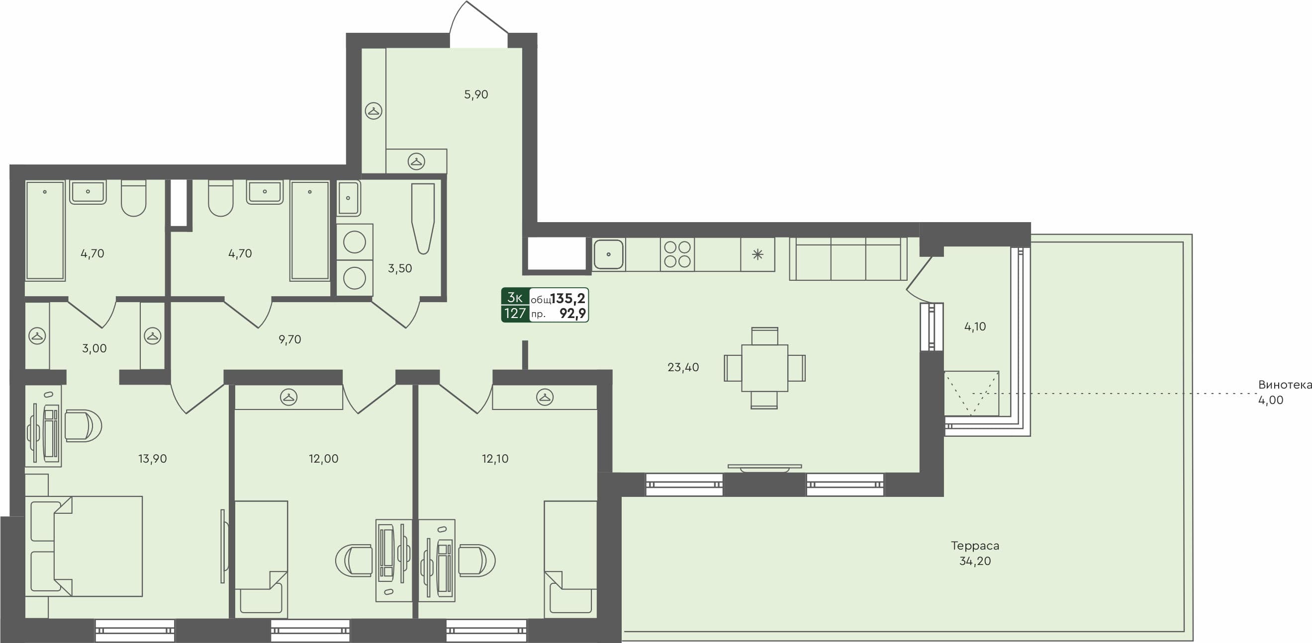 3-комн. квартира, 135.2 м², 1 из 3 этаж Планировка