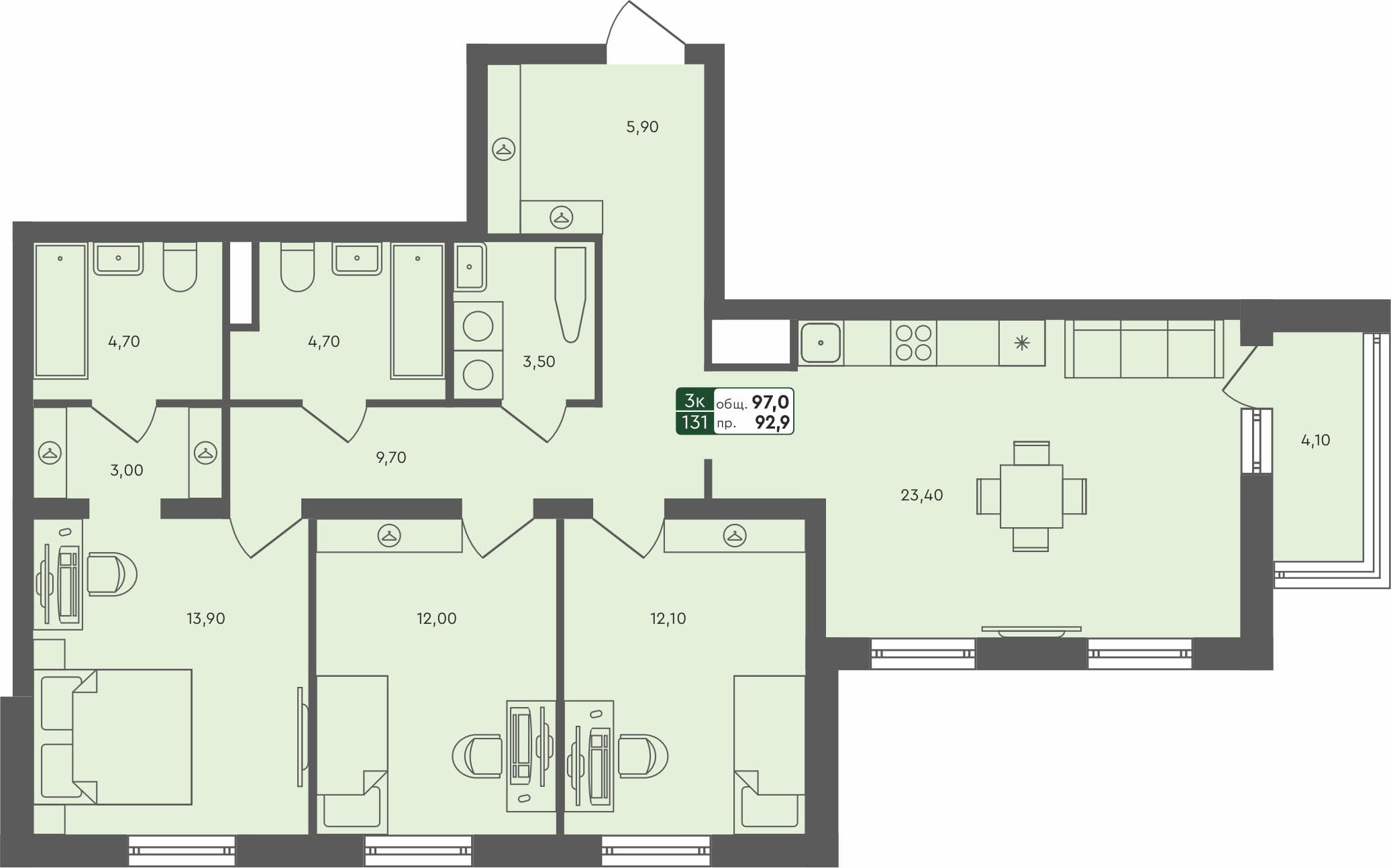 3-комн. квартира, 97 м², 2 из 5 этаж квартира