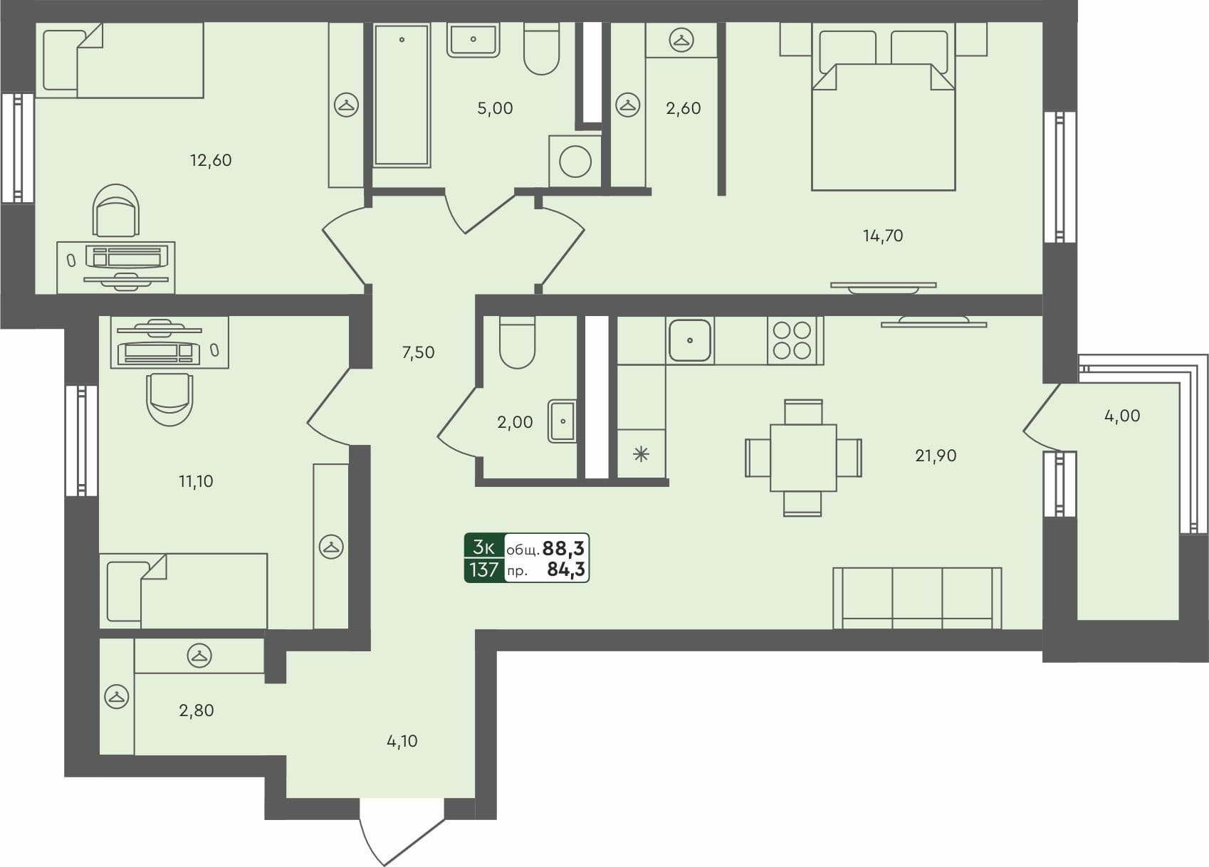 3-комн. квартира, 88.3 м², 4 из 5 этаж квартира
