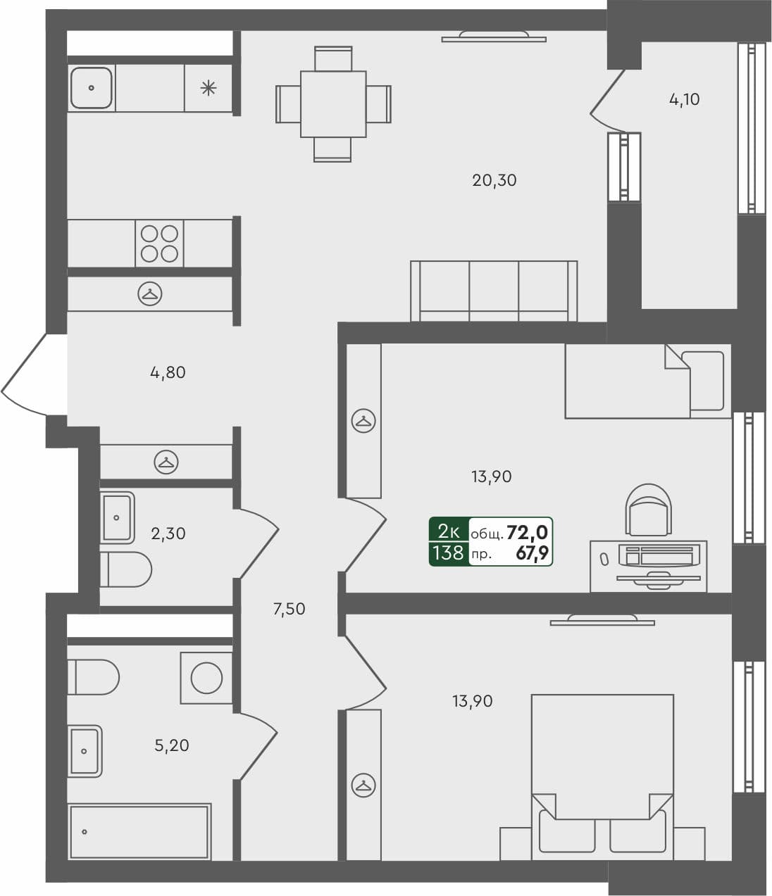 2-комн. квартира, 72 м², 4 из 5 этаж квартира