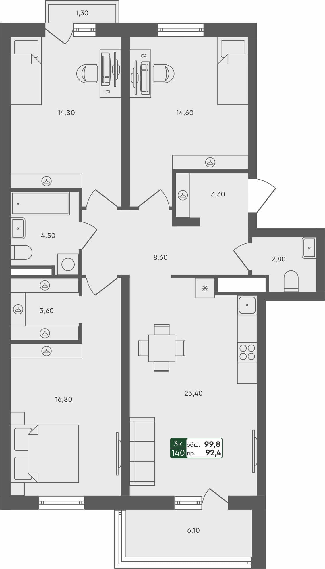 3-комн. квартира, 99.8 м², 4 из 5 этаж квартира