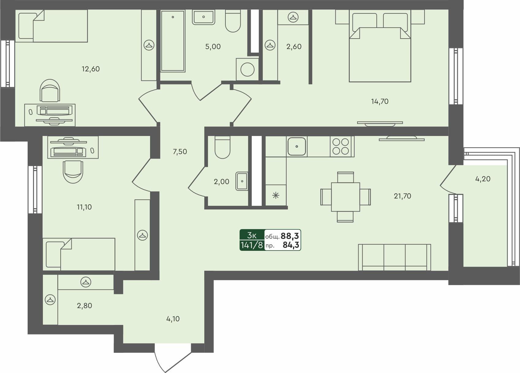 3-комн. квартира, 88.5 м², 5 из 5 этаж квартира