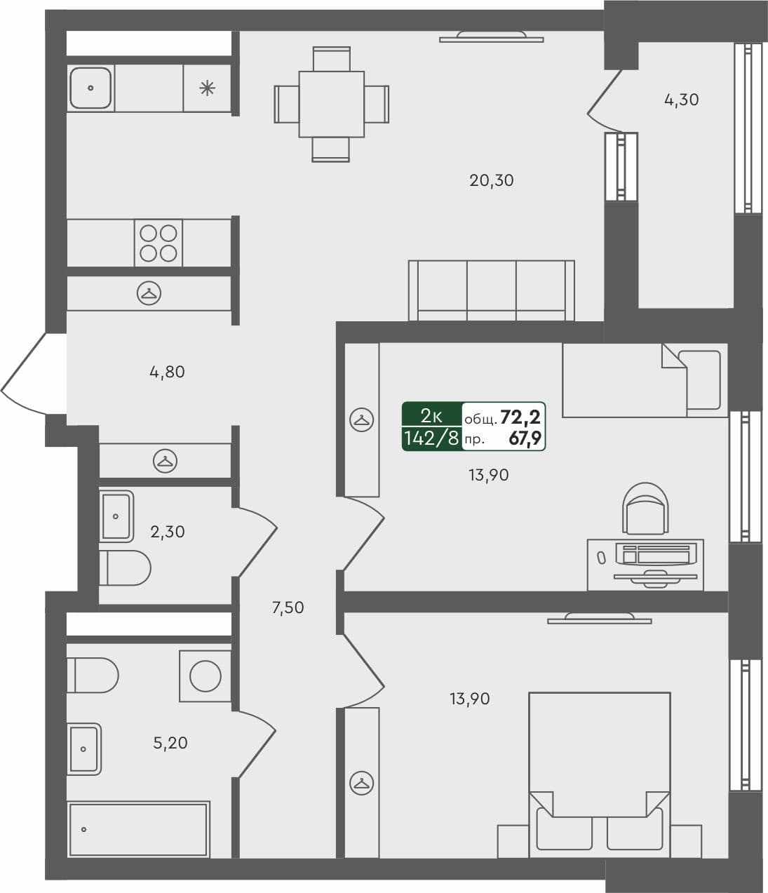 2-комн. квартира, 72.2 м², 5 из 5 этаж квартира