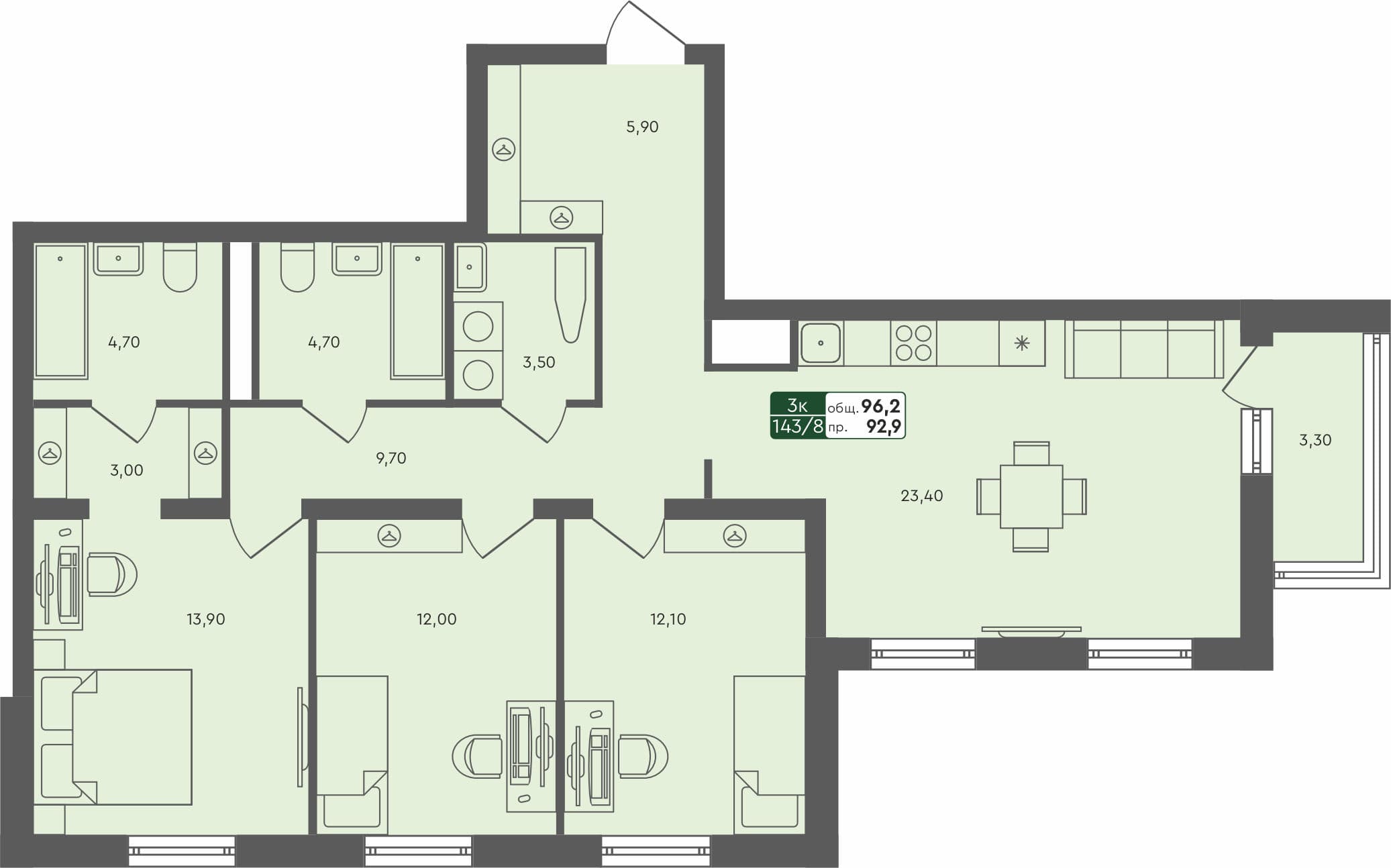 3-комн. квартира, 96.2 м², 5 из 5 этаж квартира