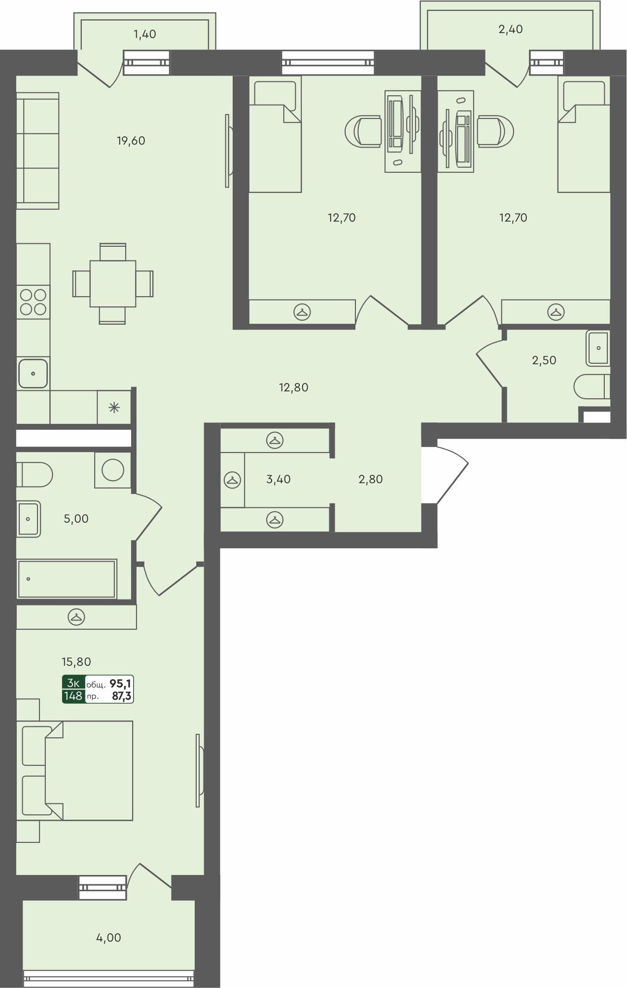 3-комн. квартира, 95.1 м², 2 из 5 этаж квартира