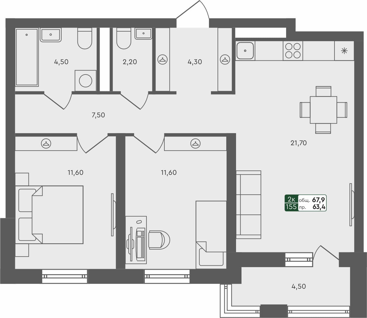 2-комн. квартира, 67.9 м², 4 из 5 этаж квартира