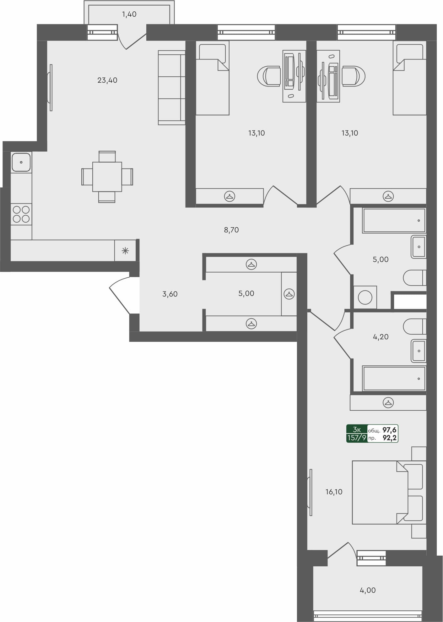 3-комн. квартира, 97.6 м², 5 из 5 этаж квартира