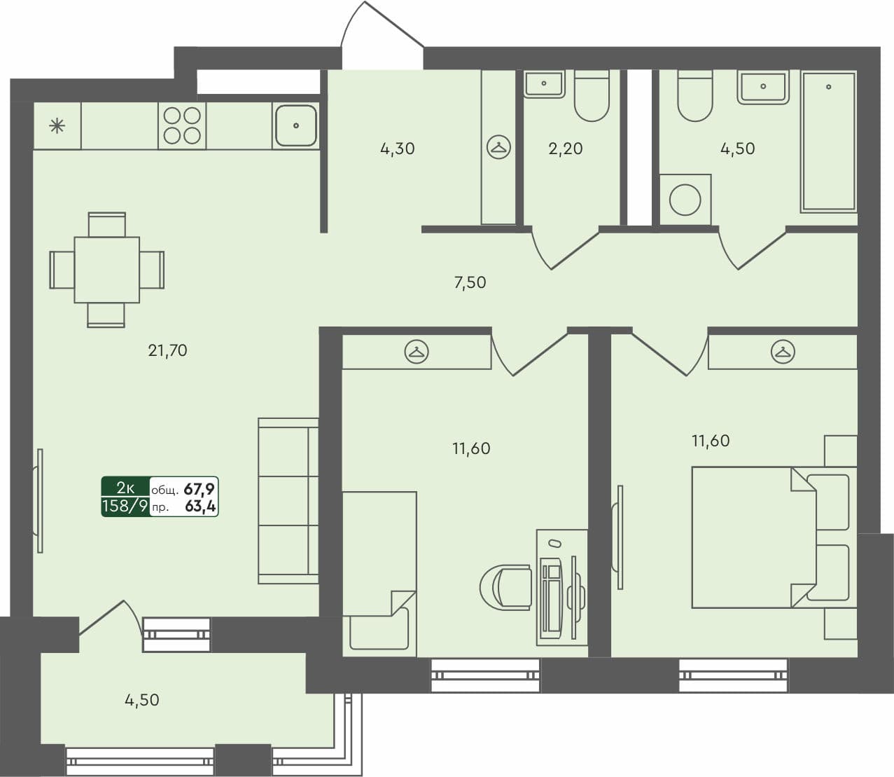 2-комн. квартира, 67.9 м², 5 из 5 этаж квартира