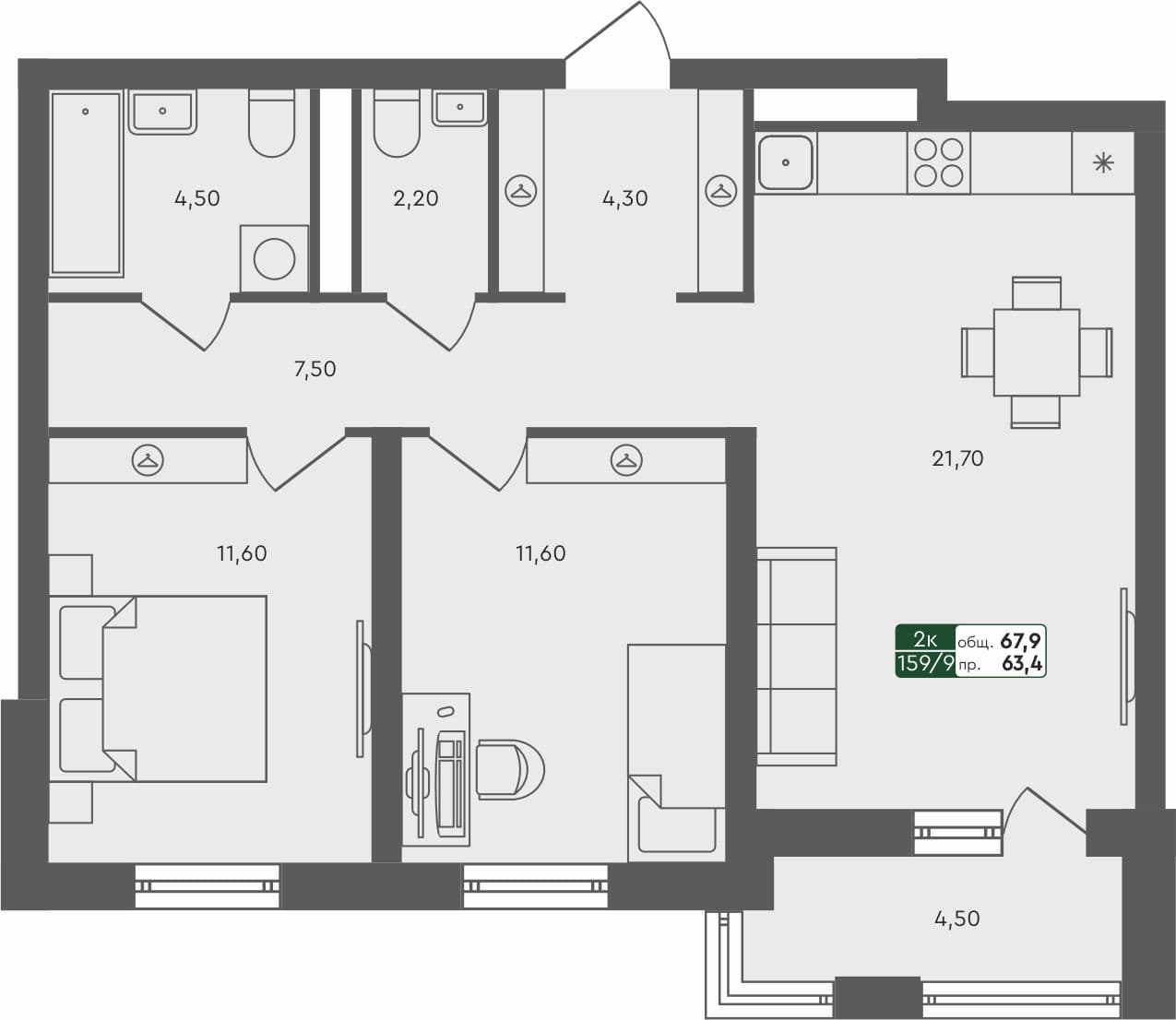 2-комн. квартира, 67.9 м², 5 из 5 этаж квартира