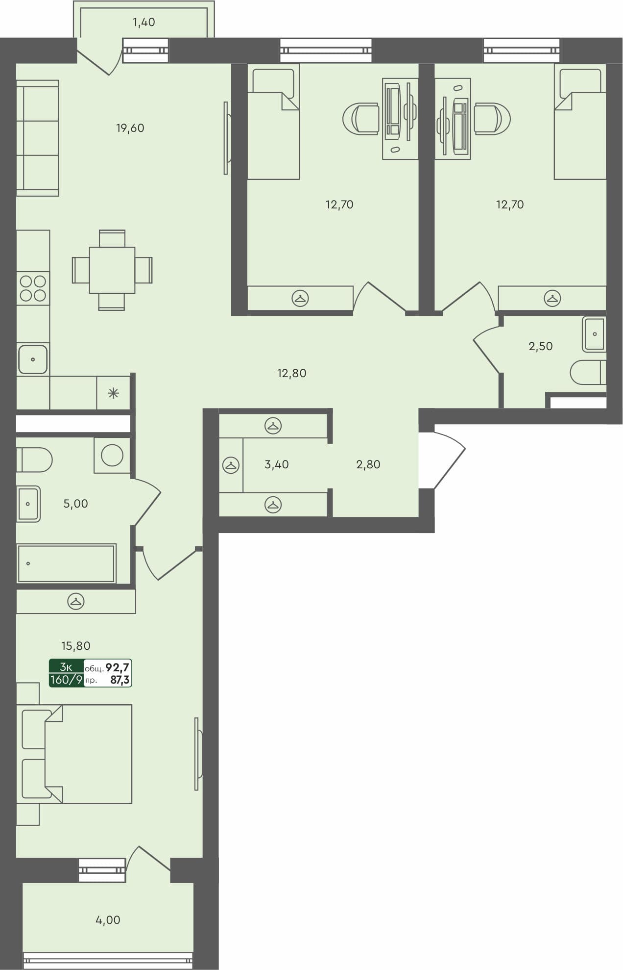 3-комн. квартира, 92.7 м², 5 из 5 этаж квартира